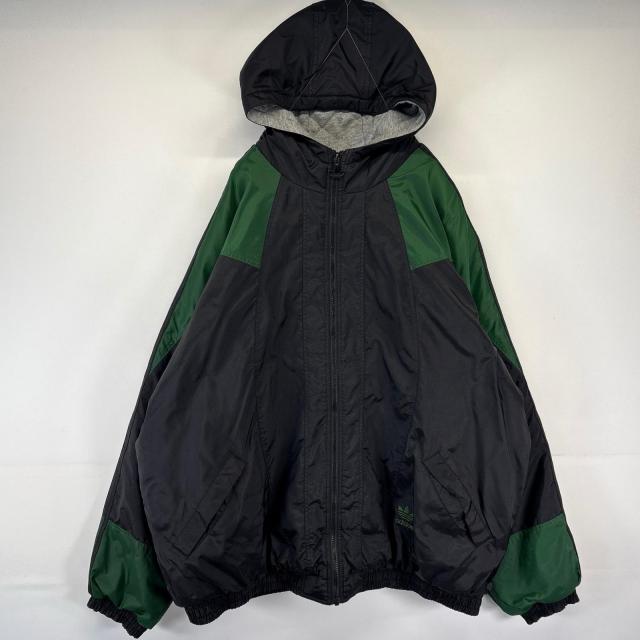 古着 アディダス adidas ナイロンジャケット フルジップ 大きいサイズ トレフォイルロゴ ワンポイントロゴ パーカー 2XL ブラック