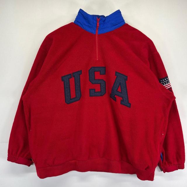 古着 ポロ・ラルフローレン POLO RALPH LAUREN フリースジャケット 大きいサイズ ハーフジップ 大判刺繍デザイン XL  レッド メンズ