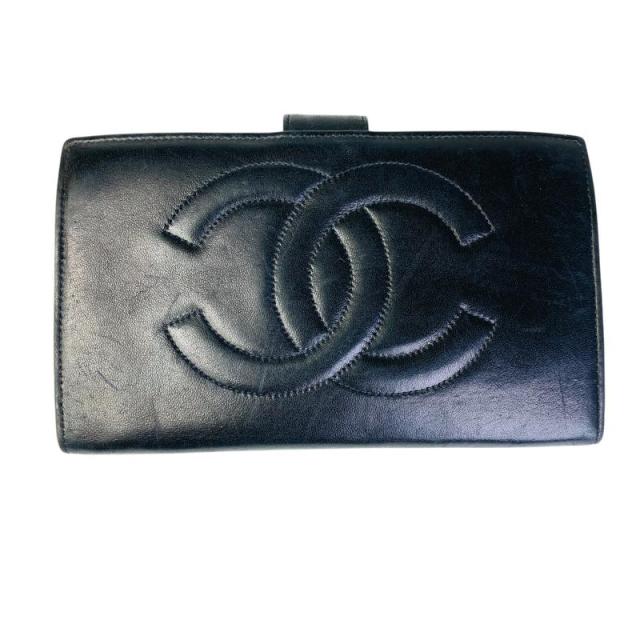 【美品】CHANEL シャネル　ココマーク　本革　二つ折り財布　ブラック CHANEL シャネル ココマーク 二つ折り財布 ブラック ブラック 【中古