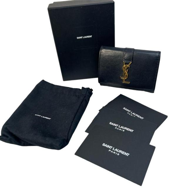 SAINT LAURENT サンローラン 三つ折り財布 レザー ブラック 【中古