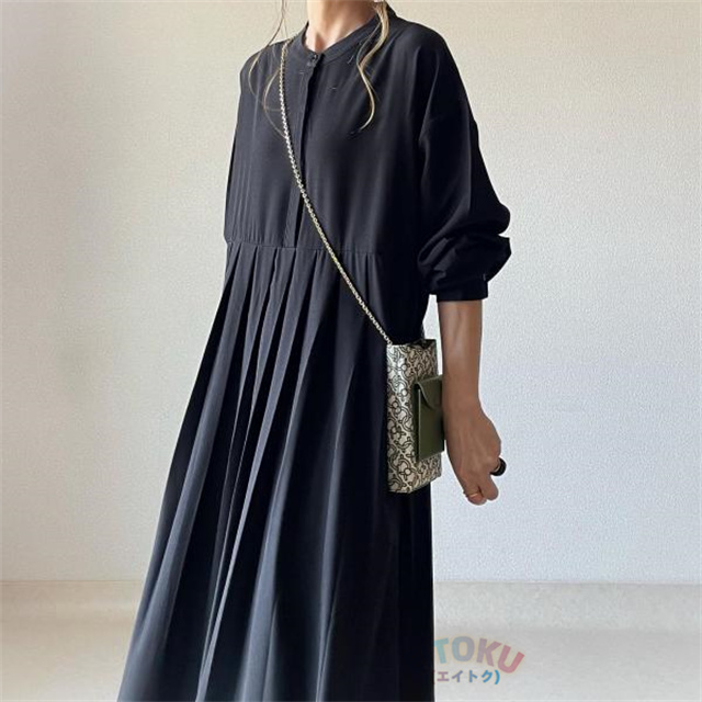 プリーツワンピース きれいめ シャツワンピース 長袖 ワンピース