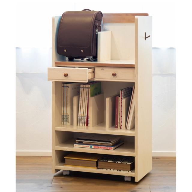ランドセルラック トライ-P/kiduku 幅60×高さ110×奥行き34.5cm カントリー調の学校用品ひとまとめラック 格納式フック付き オープン棚 木製 ナチュラル ランドセル置き場 送料無料_2