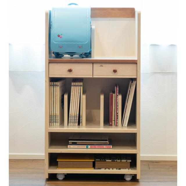 ランドセルラック トライ-P/kiduku 幅60×高さ110×奥行き34.5cm カントリー調の学校用品ひとまとめラック 格納式フック付き オープン棚 木製 ナチュラル ランドセル置き場 送料無料_1