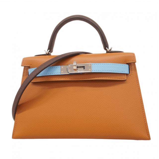 ★SALE【5mb1005-1-h-g】エルメス ハンドバッグ ミニケリー2 トリコロール ヴォーエプソン ゴールド セレスト/エベンヌ シルバー金具 K刻印 2wayバッグ【中古】レディース