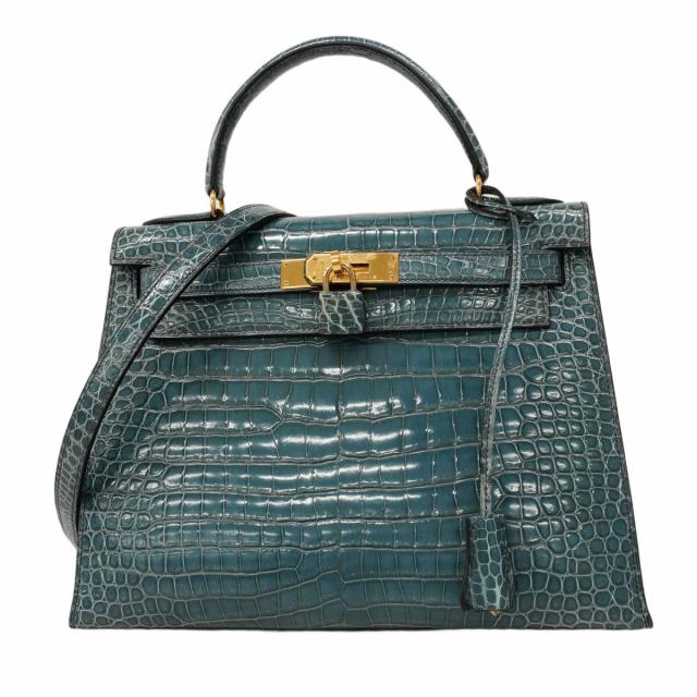 ★SALE【5od1116-2-h-g】エルメス ハンドバッグ ケリー28 ポロサス ブルー ゴールド金具 □A刻印 2wayバッグ【中古】レディース