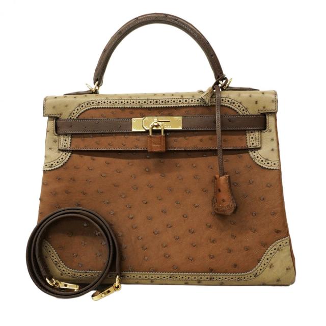 ★SALE【5oe1123-3-h-g】エルメス ハンドバッグ ケリーギリーズ32 オーストリッチ マロンフォンセ/エトリュクス/ムース シャンパンゴールド金具 □Q刻印 2wayバッグ【中古】レディース