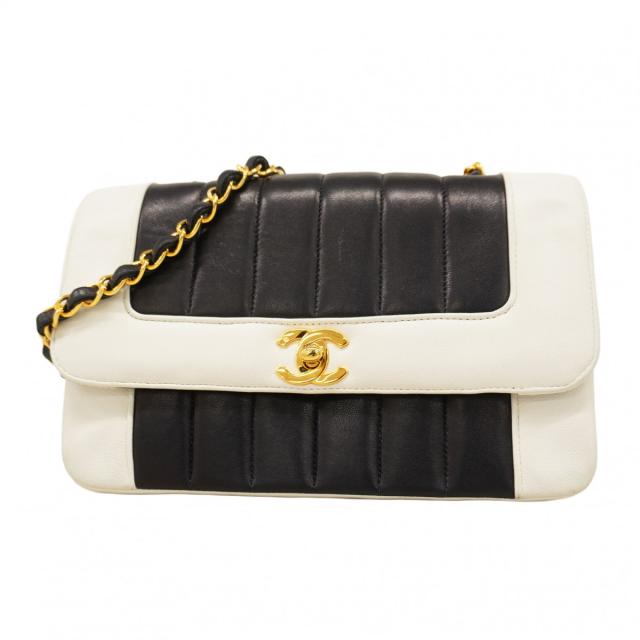 【5pb2947】シャネル ショルダーバッグ マドモアゼル チェーンショルダー ラムスキン ブラック ホワイト ゴールド金具【中古】レディース