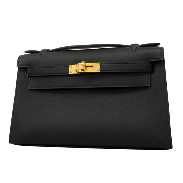 ★SALE【6fa1552-g】エルメス ハンドバック ポシェットケリー スイフト 黒いこと ゴールド金具 G目じるし【中古】レディース