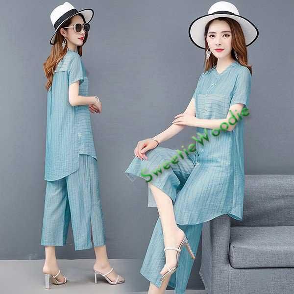 セットアップ レディース 夏 カジュアル 40代 20代 おしゃれ 上下セット シャツ 半袖 ロング ガウチョパンツ 大きいサイズ ゆったり 韓国風 着痩せ 通勤 OL 新品