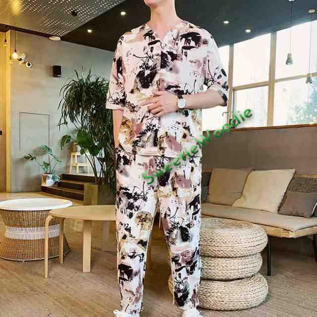 セットアップ 上下セット メンズ 半袖 ボトムス 大きいサイズ 上下 Vネック セットアップ メンズ ルームウェア チャイナ風 春夏