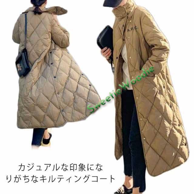 キルティングロングコート レディース ジャケット アウターノーカラーコート キルティングジャケット 胸プリント ロング アウター ロングコート 中綿ジャケット 軽量 キャメル