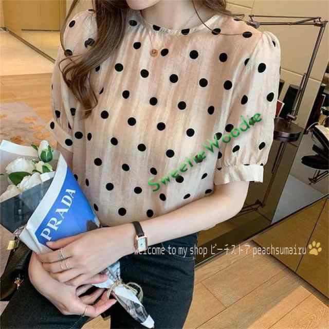 ブラウス レディース 40代 春夏 オシャレブラウス シフォン 可愛いドット柄ブラウス パフスリーブ 半袖トップス おしゃれ 大人 通勤 ゆったりTシャツ 30代50代