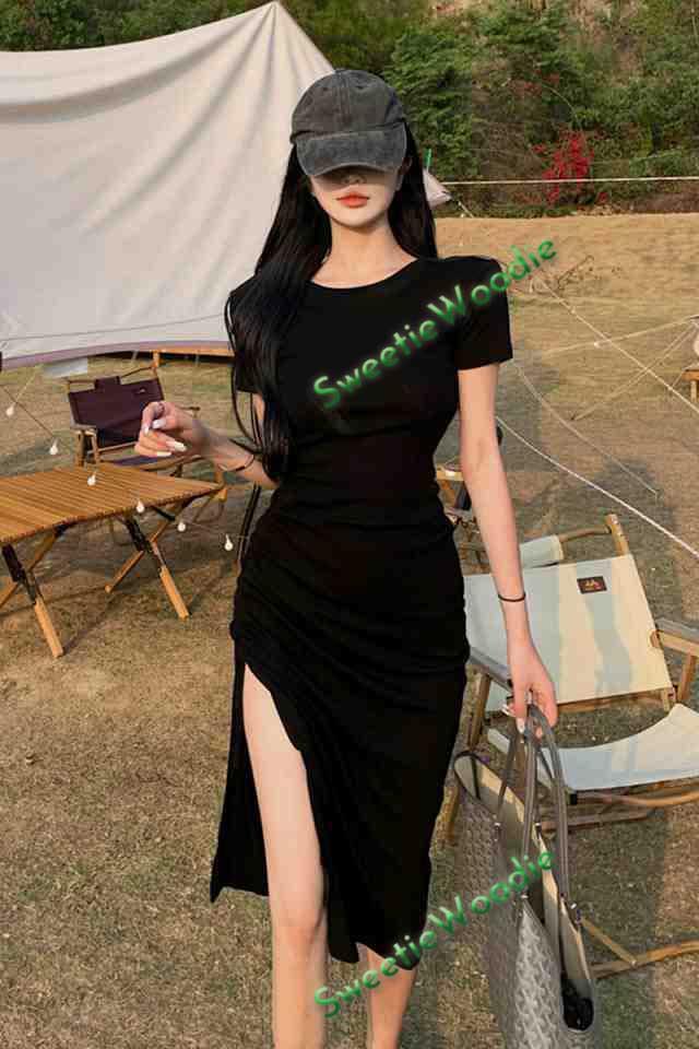 レディーススリット入ワンピシアーロングワンピースブラックタイトセクシー系エレガント夏秋