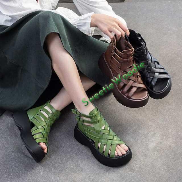 ブーツサンダル レディース 厚底 本革 グラディエーターサンダル 6cm 6センチ 牛革 厚底サンダル 編み込み オープントゥ 歩きやすい 美脚サンダル サマーブーツ バックジップ 22.5cm 23.0cm 23.5cm 24.0cm 24.5cm 25.0cm