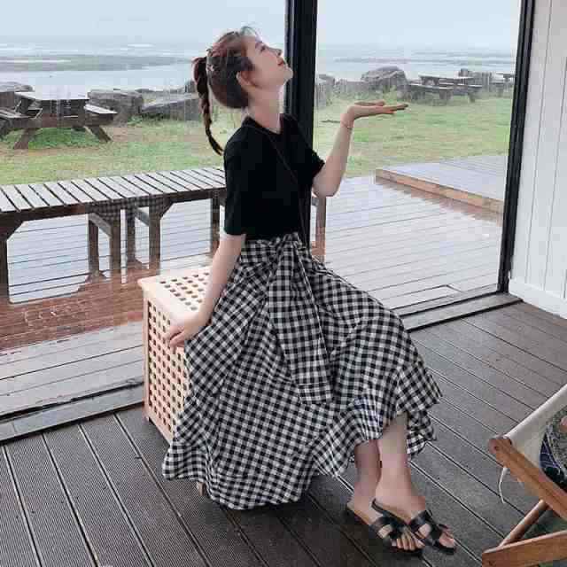 レディース ワンピース コーデ風 ドッキング チェック スカート Tシャツ 半袖 無地 袖あり 異素材MIX 個性的 主役級 シャツ ラップ風 巻きスカート デザイン 裾フレア ミモレ丈 ロング ガーリー 大人可愛い かわいい 可愛い おしゃれ お洒落 通勤 通学 学生 大人女子 お出か