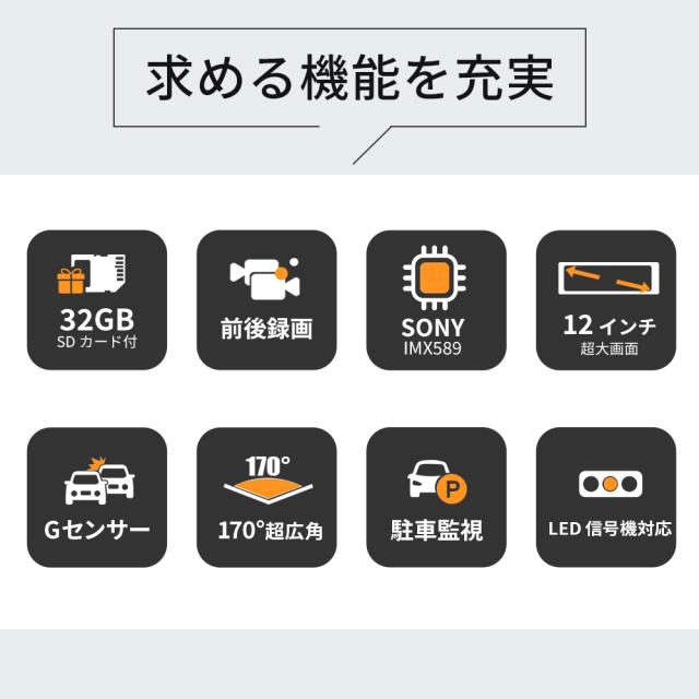 ドライブレコーダー 前後2カメラ ミラー型 日本製センサー 12インチ フルタッチパネル SONYセンサー 4K高解像度 170度広角視野 プレゼント_9