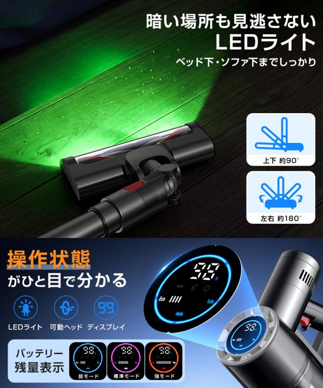 【2026年最新】掃除機 コードレス 軽量 充電式 22000Pa吸引力 ライト付き 45分連続稼働 LCD液晶ディスプレイ スティッククリーナー スティック掃除機_4