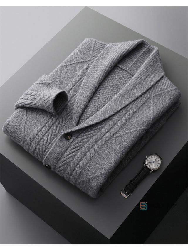 ニット カーディガン メンズ ウール100% ケーブルニット ショール