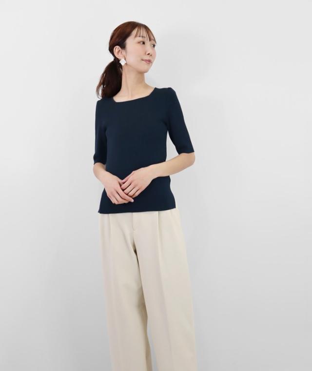 洗える シルク100％ リブニット 日本製 レディース M L サマーニット 春 夏 スクエアネック シンプル 五泉ニット ウォッシャブルシルク100％リブスクエアネックプルオーバー_1