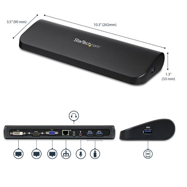 StarTech ドッキングステーション/USB 3.0接続/デュアルモニター/HDMI &amp; DVIまたはVGA/3x USB-Aハブ/ギガビットイーサネット/オーディオ/各種OS対応/USB-A マルチポート 変換アダプター USB3SDOCKHDV