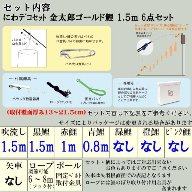 鯉のぼり こいのぼり おしゃれ お洒落 庭 屋外 にわデコセット 金太郎ゴールド鯉 1.5ｍ 6点セット オシャレ_2