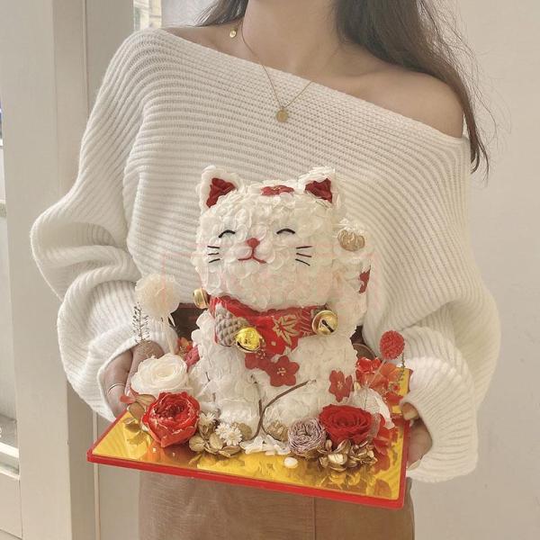 プリザーブドフラワー 招き猫アレンジ 開店祝い 猫好きギフト Welina かわいい置物風 お祝い花 長持ち おしゃれプレゼント 店舗飾りにも