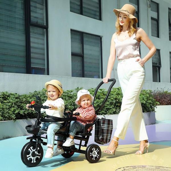 二人乗り三輪車 ベビーカー 双子用 子供用自転車 Welina 補助棒付き 両点シートベルト かご付き 補助棒取り外し可 誕生日プレゼント アウトドアに