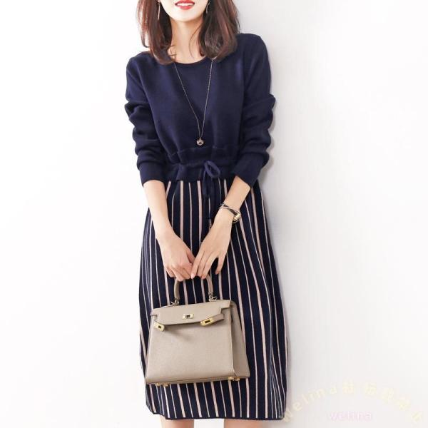 ドッキングワンピース 通勤 オフィス きれいめ 上品 Welina 20代30代40代50代 ひざ丈 秋冬春対応 4色 体型カバー レディース