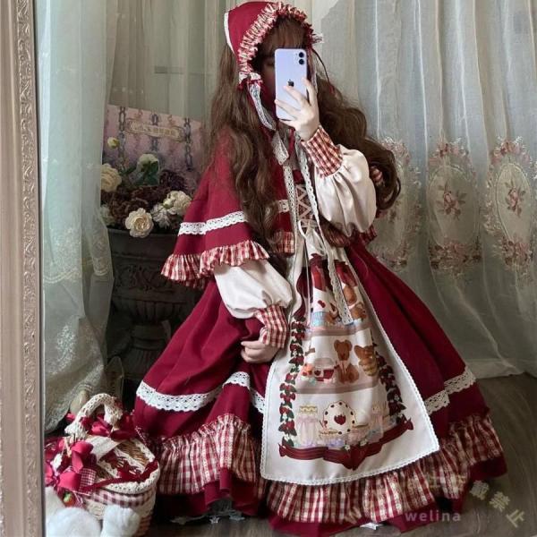 ロリータ風 ワンピース コスプレ衣装 ハロウィン ドラキュラ/赤ずきん Welina ロングマント付き ドレスコスチューム 仮装イベントに