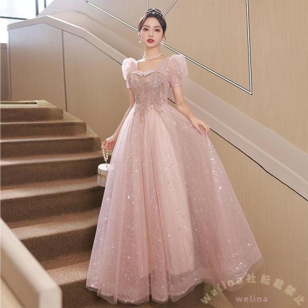発表会ドレス ロング ピンク きらきら ボリューム袖 Welina（株） 演奏会/結婚式/二次会に プリンセス風で大人可愛い 20代30代向け