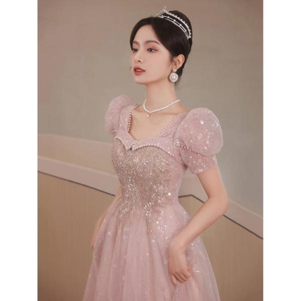 発表会ドレス ロング ピンク きらきら ボリューム袖 Welina（株） 演奏会/結婚式/二次会に プリンセス風で大人可愛い 20代30代向け