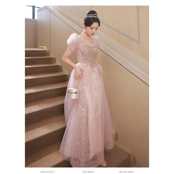 発表会ドレス ロング ピンク きらきら ボリューム袖 Welina（株） 演奏会/結婚式/二次会に プリンセス風で大人可愛い 20代30代向け