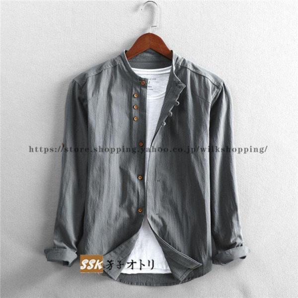 リネンシャツメンズ長袖綿麻無地立ち襟30-50代春服秋服カジュアルWelina（株）おしゃれリネンコットントップス涼しいナチュラルメンズシャツ_6