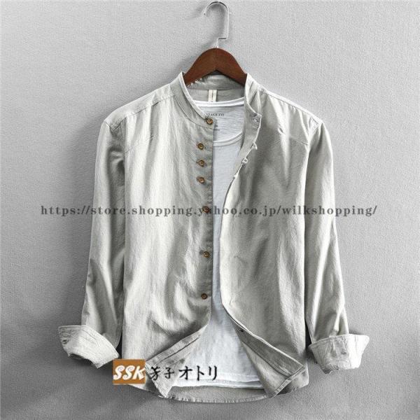 リネンシャツメンズ長袖綿麻無地立ち襟30-50代春服秋服カジュアルWelina（株）おしゃれリネンコットントップス涼しいナチュラルメンズシャツ_7
