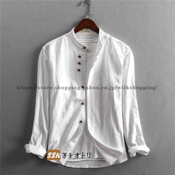 リネンシャツメンズ長袖綿麻無地立ち襟30-50代春服秋服カジュアルWelina（株）おしゃれリネンコットントップス涼しいナチュラルメンズシャツ_8