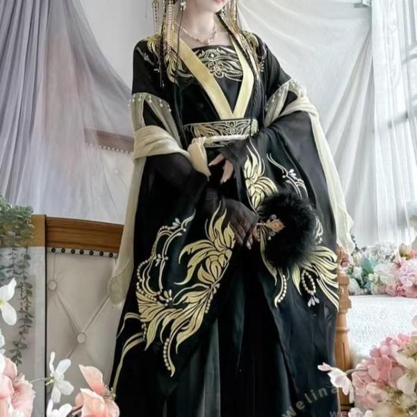 中華コスプレ衣装皇帝黄袍王冠男女兼用ハロウィンWelina（株）黒金プリント龍豪華漢服 おしゃれ仮装 イベントパーティー