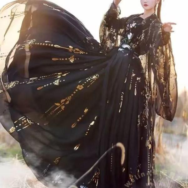 漢服コスプレ 黒鶴刺繍中華民族ドレス Welina（株） ハロウィンレディースチャイナ服 素敵ブラック仮装 優雅中国古代風ステージ衣装