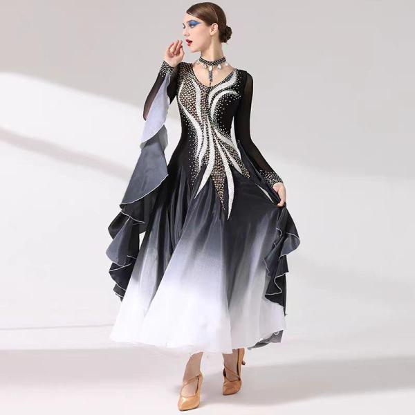 ダンスウェア レディース モダンドレス 競技会 ステージ衣装 ワンピース Welina パーティー舞台 演出服 社交ダンス ブラック 大人クール