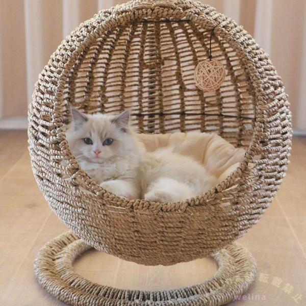 ラタン猫ベッド ドーム型 猫ちぐら風 ハンギングチェア 吊り型 爪とぎ対応 Welina ペットマット おしゃれ 通気 夏用 くつろぎ キャットハウス