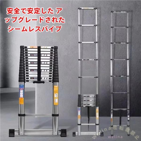 伸縮はしご 折り畳み梯子 軽量スライド式 フック/滑り止めパッド付 Welina 高所作業 屋内外 屋根掃除 雪おろし ガーデニング 持ち運び便利