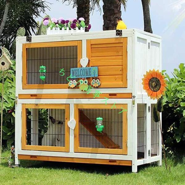 屋外ペットヴィラ ２階建て ウサギ/猫用ケージ 滑車付き Welina 全天候型ペットハウス おしゃれ小屋 通気性良い 掃除しやすい（ホワイト）