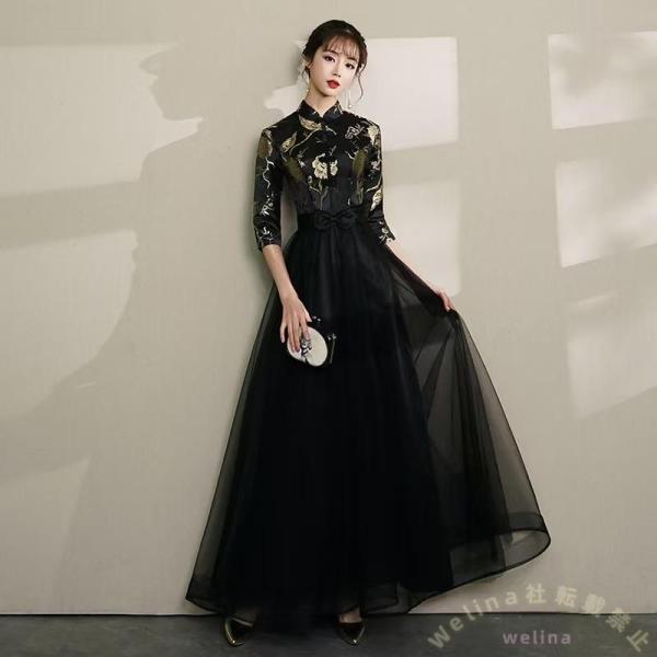 パーティードレス 袖ありロングミモレ丈 結婚式演奏会用 詰襟 Welina（株） 五分袖ウエディング二次会 ブライズメイド花嫁 エレガント秋冬