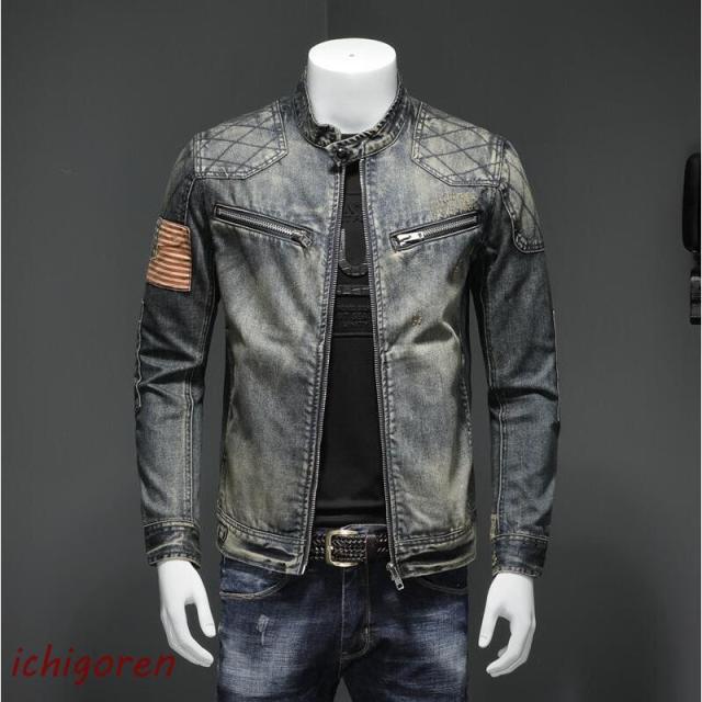 デニム ジャケット メンズ ジージャン アメリカ国旗柄 ダメージ加工 ヴィンテージ スリム カジュアル バイクウェア