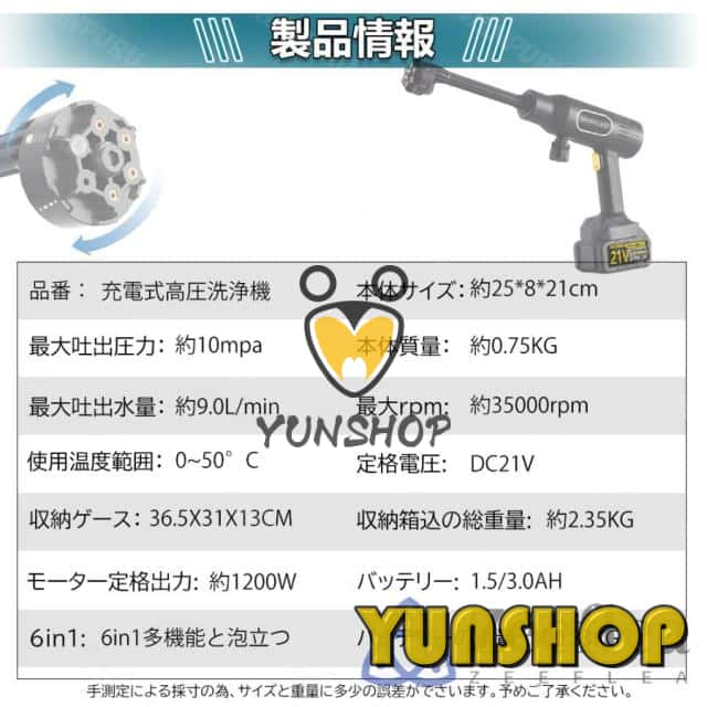 高圧洗浄機 コードレス 充電式 バッテリー互換対応 家庭用 業務用 6in1