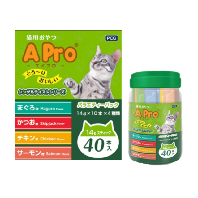 A pro エイプロ 猫用おやつ シングル ミックス おさかな おさかなとお肉 4種のフレーバー 14g×40本 6個セット ウェット キャットフード トッピング 大容量 お徳用 まとめ売り 多頭飼い 子猫 成猫 シニア猫 高齢猫 地域猫 保護猫