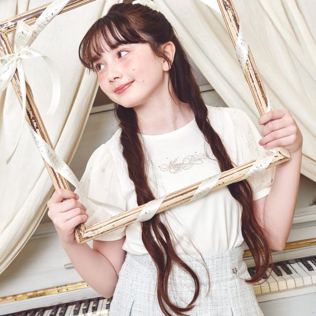 メゾピアノジュニア(mezzo piano junior)【接触冷感】袖パフチュールTシャツ♪