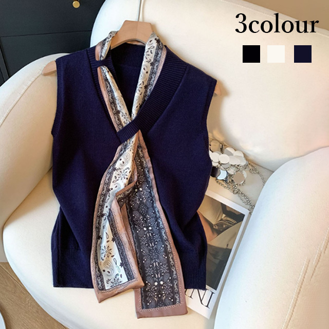 ニットベスト スカーフトップス 重ね着 上品  トップス 体型カバー プルオーバー 無地 きれいめ ゆったり 大きめ レイヤード 20代 30代 40代 50代 60代