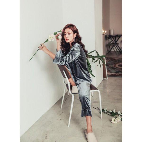 パジャマ レディース ルームウェア 長袖 長ズボン ロングパンツ 前開き ボタン 襟付き 光沢 ベロア調 くすみカラー 胸ポケット おしゃれ 高級感 パジャマ レディース ルームウェア 長袖 長ズボン ロングパンツ 前開き