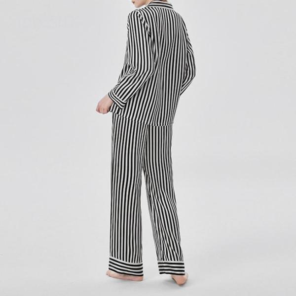 シルク100％ パジャマ 絹 レディース ストライプ 長袖 前開き テーラー襟 長ズボン 上下セット 2点セット 可愛い シンプル レトロ風 ナイトウ シルク100％ パジャマ 絹 レディース ストライプ 長袖 前開き テーラー