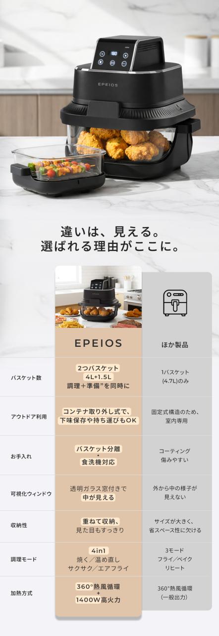 エペイオス(Epeios) ノンフライヤー 4L＋1.5L 2点セット 大容量 エア